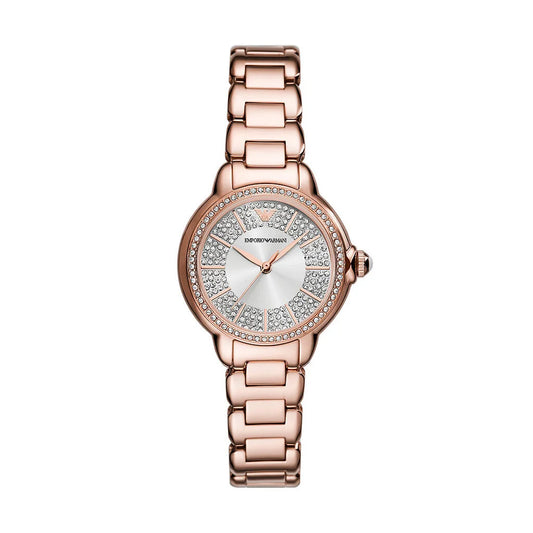 Emporio Armani AR11633 women’s watch front view – silver sunray dial with crystal hour markers, rose gold-tone stainless steel case and bracelet – elegant design by HEY WATCH.