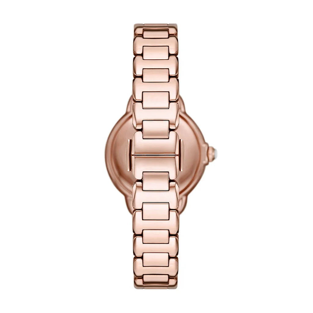 Emporio Armani AR11633 back view – engraved caseback and rose gold-tone stainless steel bracelet with deployment clasp – premium craftsmanship by HEY WATCH.