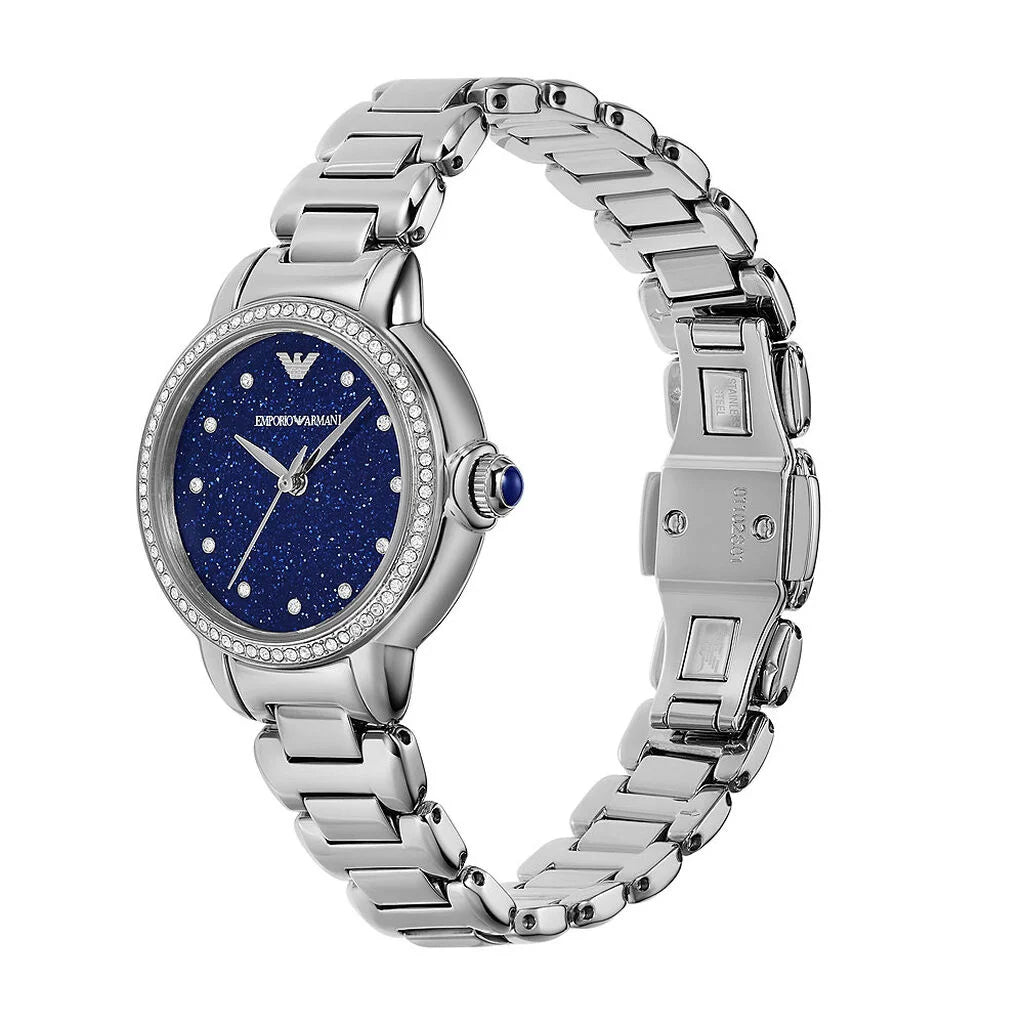 Emporio Armani AR11630 angled view – polished silver-tone stainless steel case highlighting the blue glitter dial with crystal accents – sophisticated style from HEY WATCH.