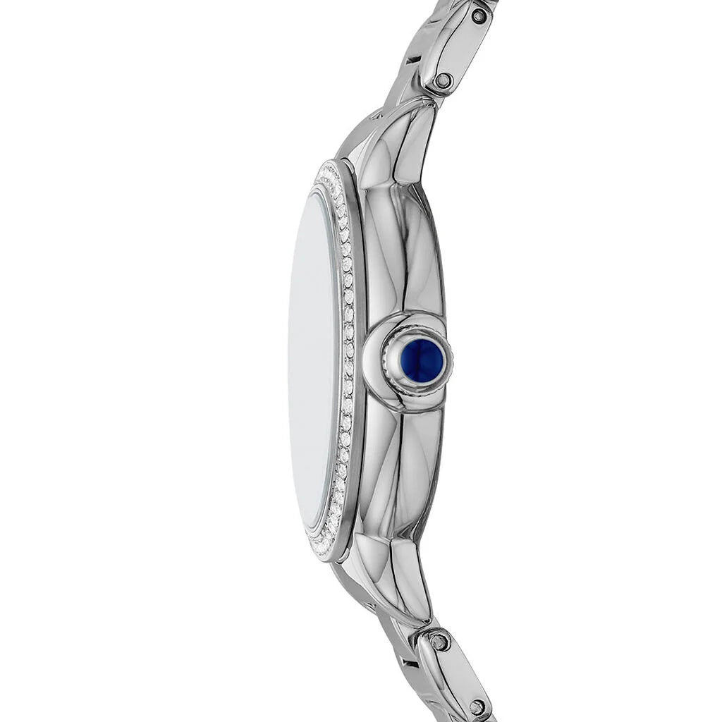 Emporio Armani AR11630 side profile – slim 32mm stainless steel case with textured crown – refined women’s timepiece available at HEY WATCH.