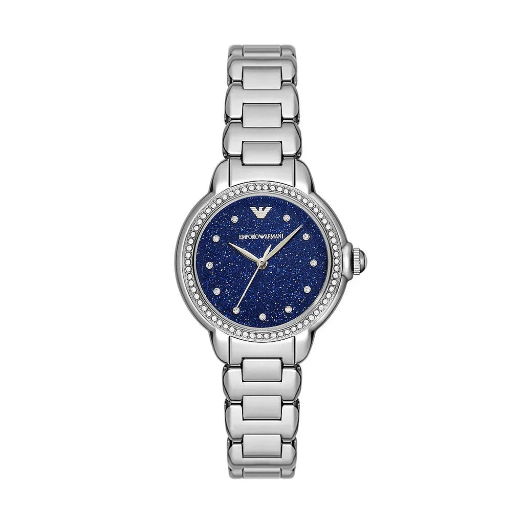 Emporio Armani AR11630 women’s watch front view – blue glitter dial with crystal hour markers, silver-tone stainless steel case and bracelet – elegant design by HEY WATCH.