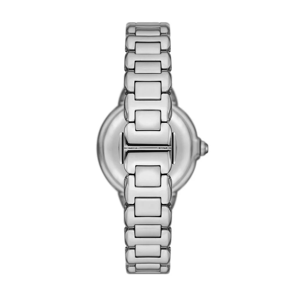 Emporio Armani AR11630 worn on wrist – blue glitter dial and silver-tone bracelet offering a versatile and stylish look – timeless women’s watch presented by HEY WATCH.