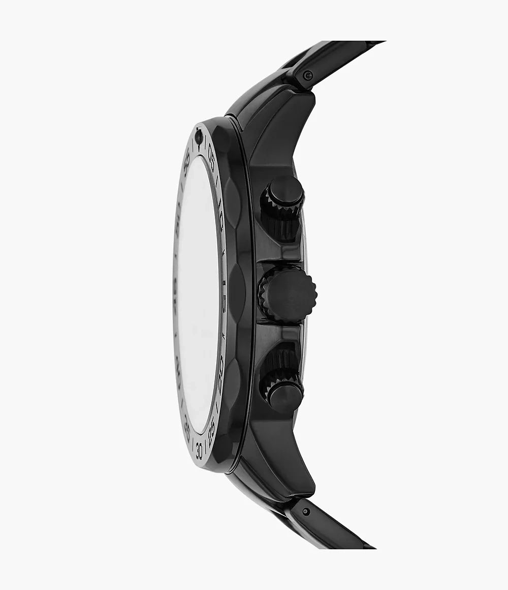 Fossil BQ2587 side profile – sleek black stainless steel case with push/pull crown and ultra-slim silhouette – available at HEY WATCH.