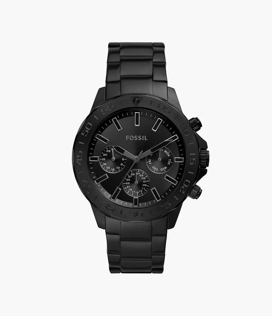 Fossil BQ2587 front view – men's black dial watch with matching black stainless steel bracelet, minimalist design by HEY WATCH.