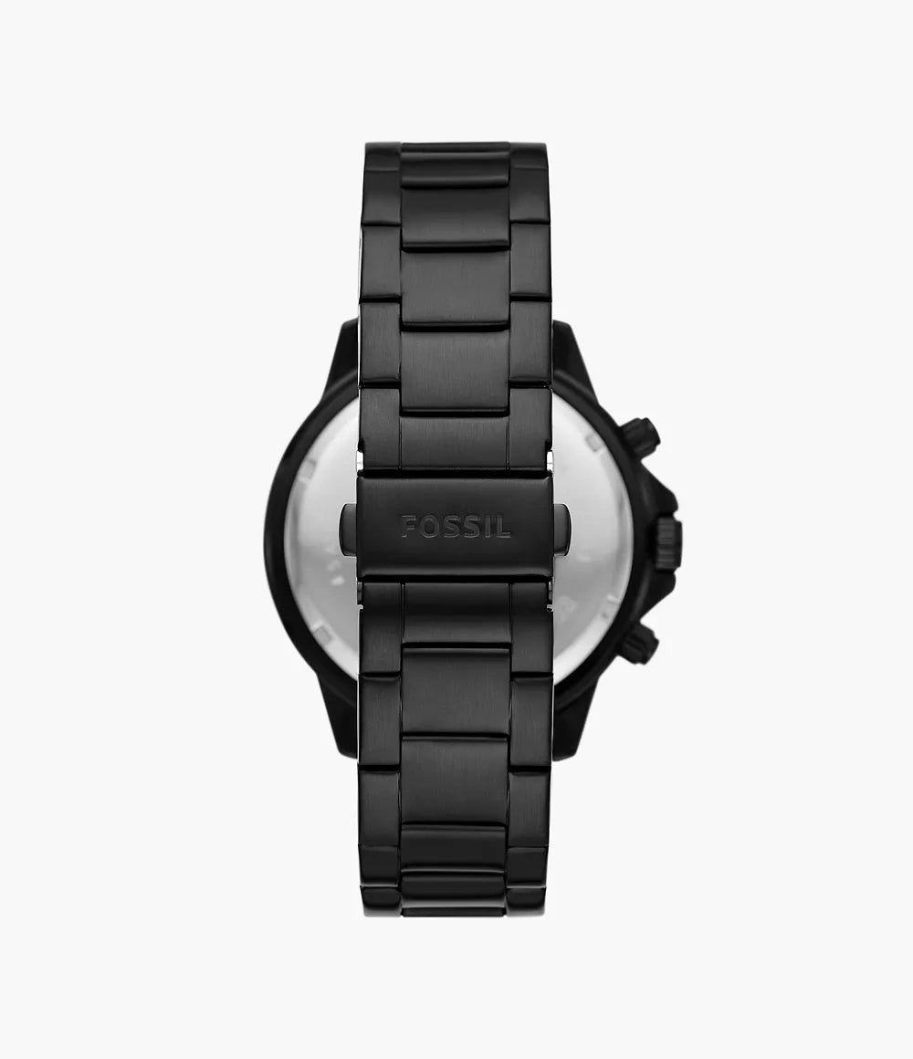 Fossil BQ2587 back view – engraved caseback and deployment clasp bracelet – modern matte black finish, presented by HEY WATCH.