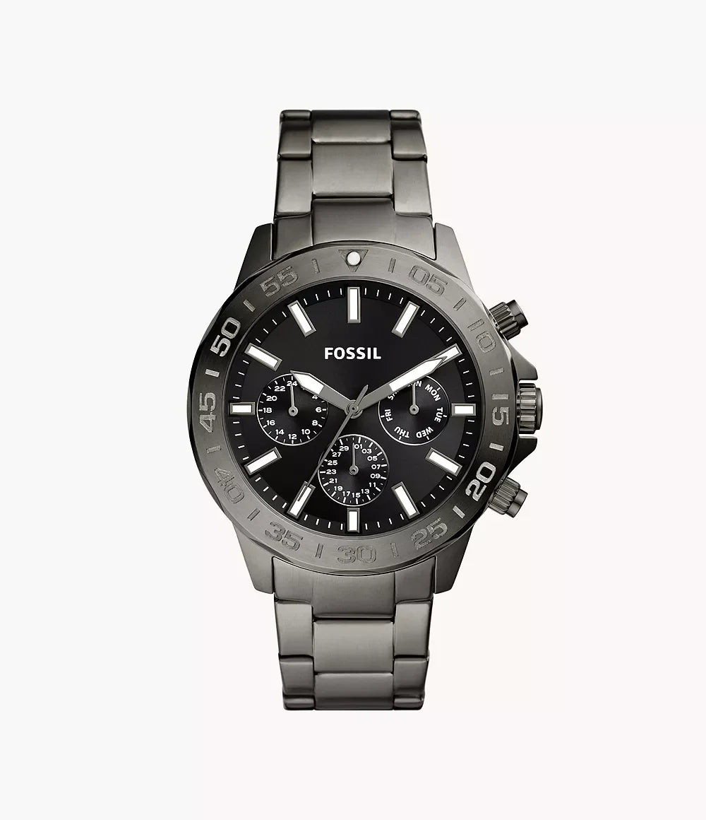 Fossil BQ2705 men’s watch front view – 45mm smoke stainless steel case with black dial, multifunction subdials, and luminous hands – elegant design by HEY WATCH.