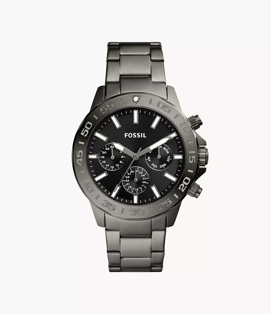 Fossil BQ2705 men’s watch front view – 45mm smoke stainless steel case with black dial, multifunction subdials, and luminous hands – elegant design by HEY WATCH.