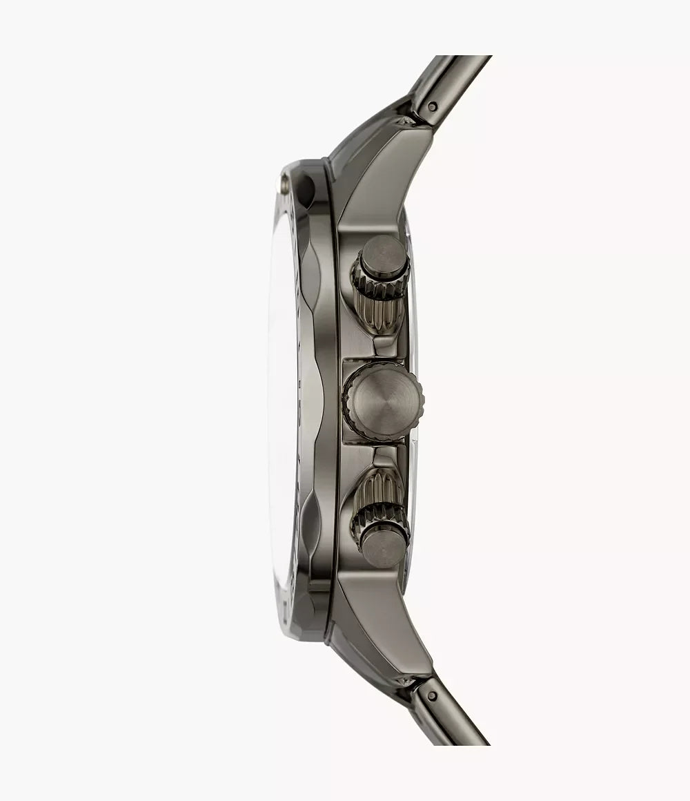 Fossil BQ2705 side profile – sleek smoke stainless steel case with textured crown and pushers, showcasing the watch’s refined silhouette – premium craftsmanship by HEY WATCH.