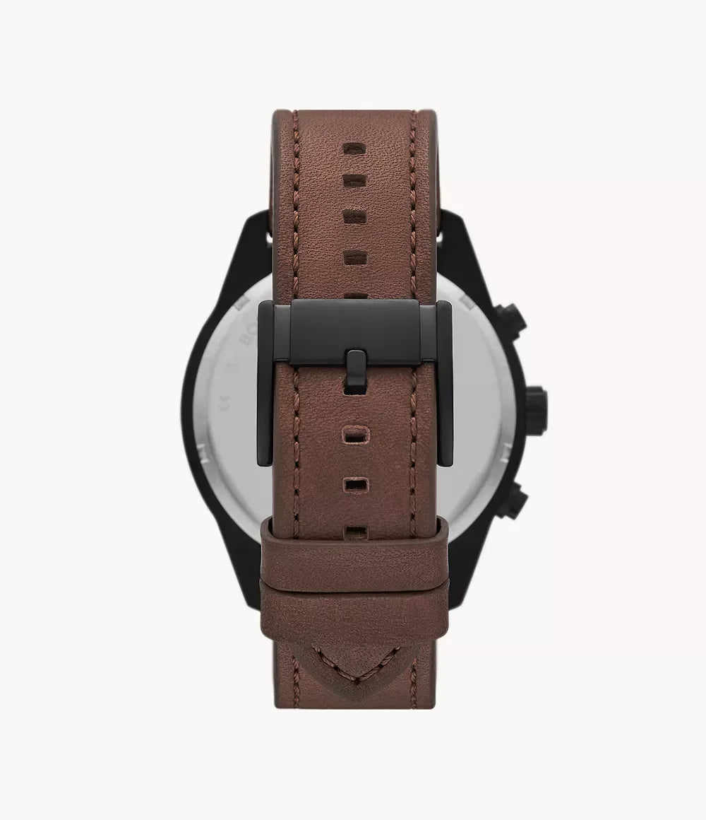 Fossil BQ2802 back view – engraved caseback and brown leather strap with single prong buckle closure – premium craftsmanship by HEY WATCH.