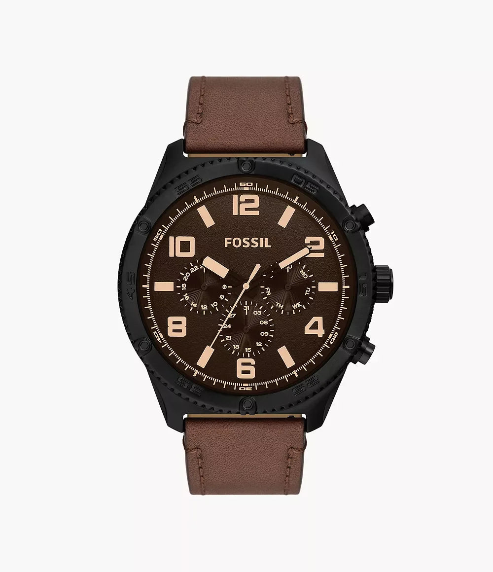 Fossil BQ2802 men’s watch front view – 50mm black stainless steel case with black glossy textured dial, brown leather strap, and multifunction movement – elegant design by HEY WATCH.