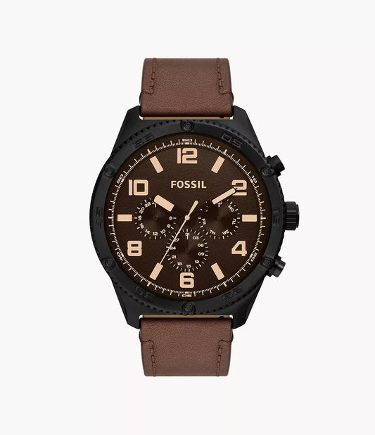 Fossil BQ2802 men’s watch front view – 50mm black stainless steel case with black glossy textured dial, brown leather strap, and multifunction movement – elegant design by HEY WATCH.