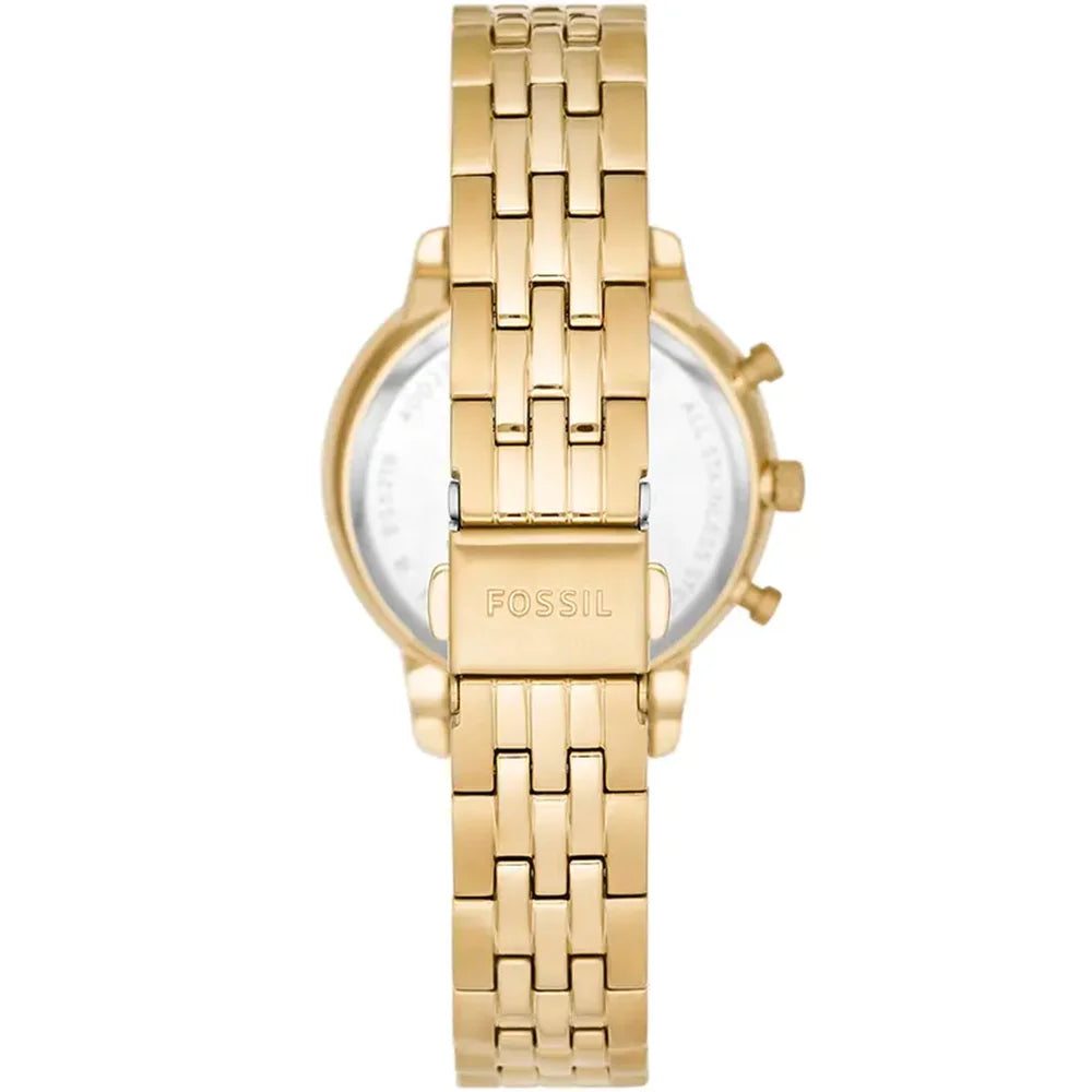 Fossil ES5219 back view – solid stainless steel caseback and polished gold-tone bracelet with fold-over clasp – Fossil engraving visible – HEY WATCH.