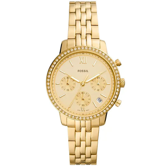 Fossil ES5219 front view – women's chronograph watch with gold-tone stainless steel case, champagne sunray dial, and three subdials – HEY WATCH.