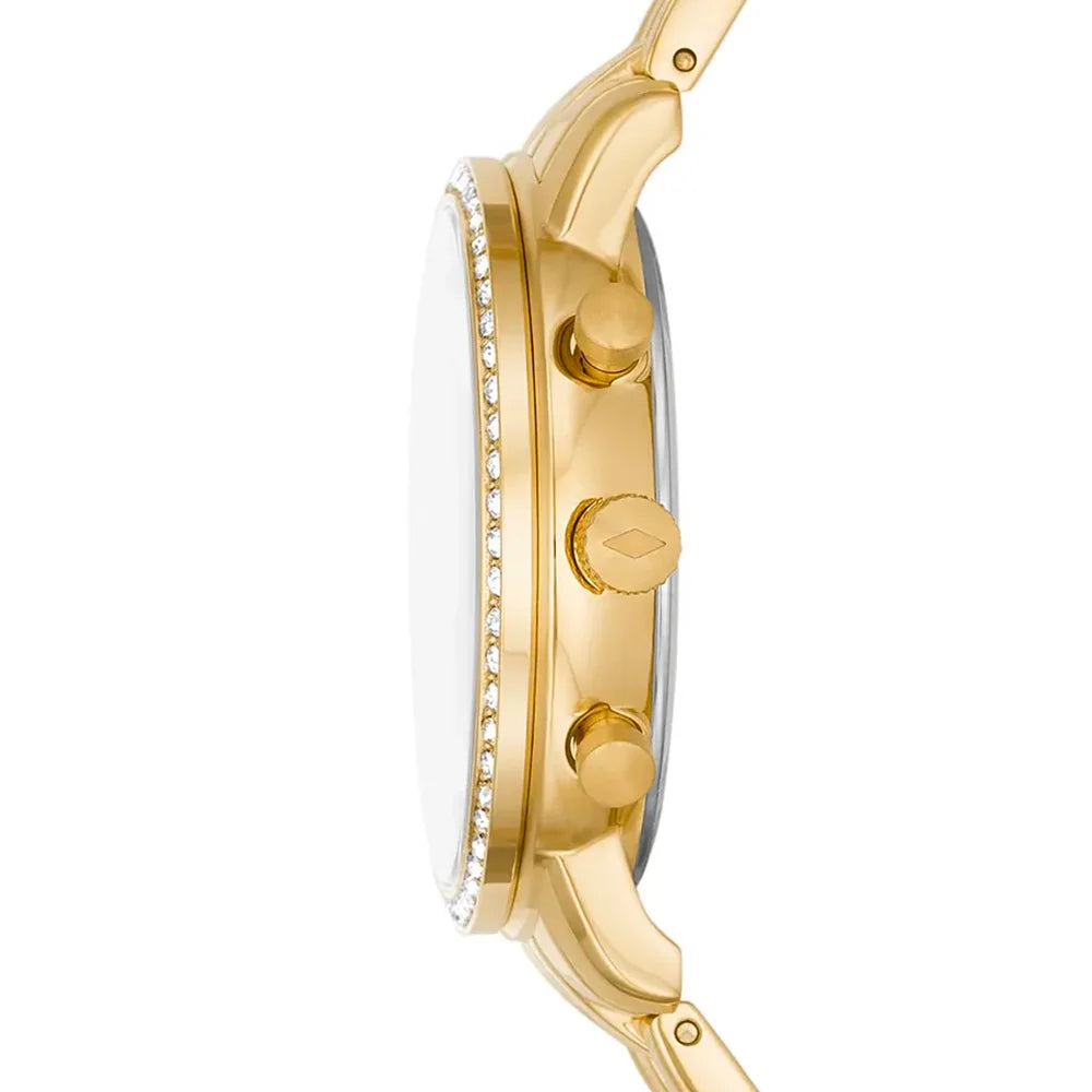 Fossil ES5219 side view – slim 36mm gold-tone case with pushers and crown, showcasing the watch’s elegant profile – HEY WATCH.