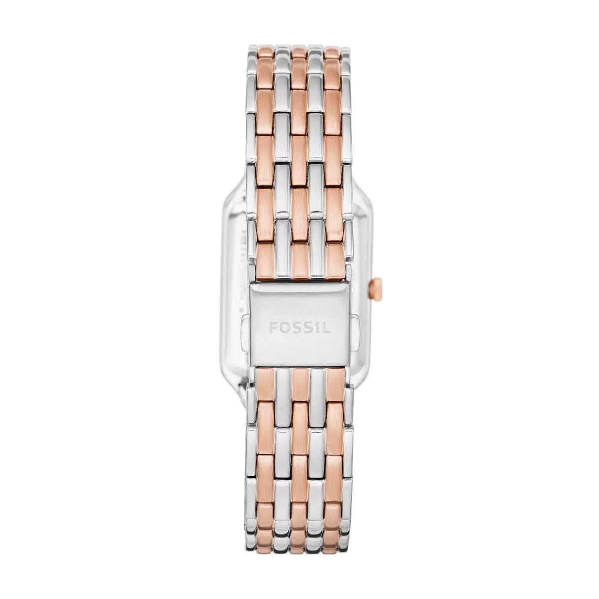 Fossil Raquel ES5222 back view – two-tone stainless steel bracelet with engraved Fossil logo and fold-over clasp – quality craftsmanship by HEY WATCH.