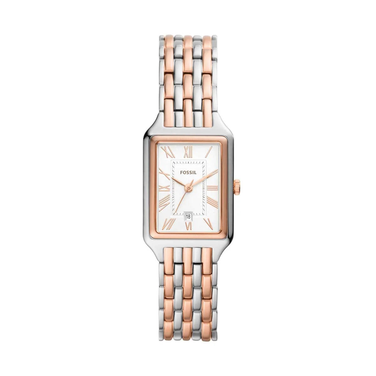 Fossil Raquel ES5222 women's watch front view – rectangular silver-tone stainless steel case, silver dial with Roman numerals and rose gold-tone hands – refined design by HEY WATCH