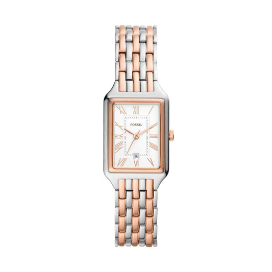 Fossil Raquel ES5222 women's watch front view – rectangular silver-tone stainless steel case, silver dial with Roman numerals and rose gold-tone hands – refined design by HEY WATCH