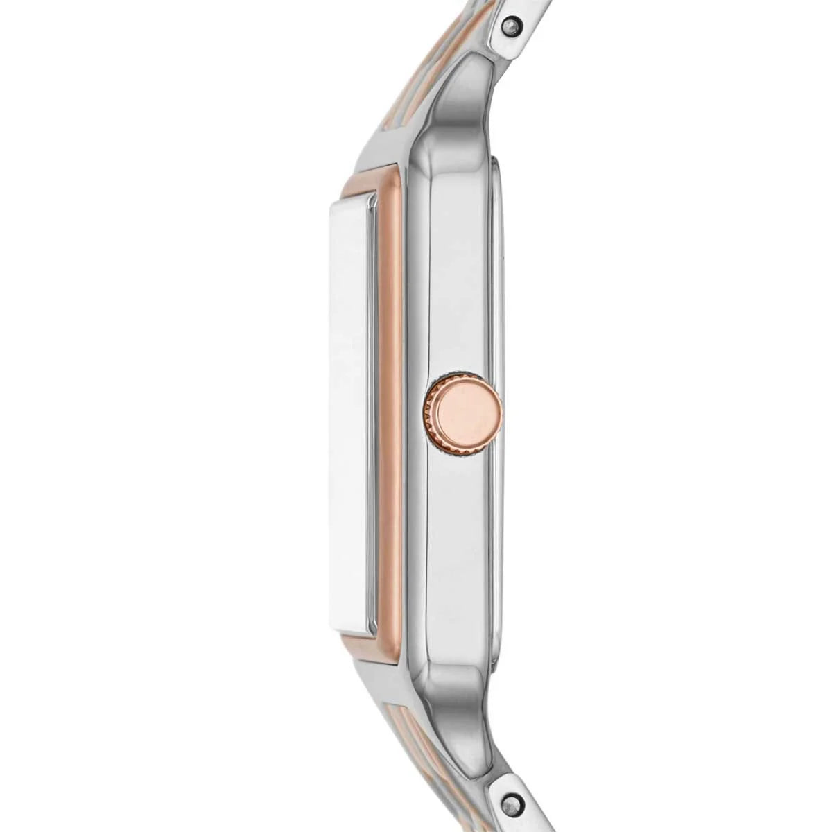 Fossil Raquel ES5222 side view – slim profile case in silver-tone stainless steel with rose gold-tone crown – elegant detail from HEY WATCH