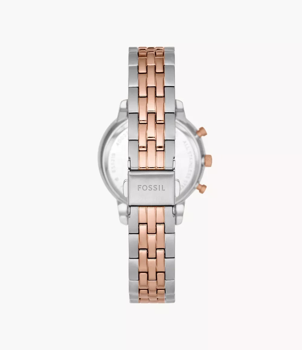 Fossil ES5279 back view – solid stainless steel caseback and two-tone bracelet with fold-over clasp, engraved with Fossil logo – timeless style from HEY WATCH.