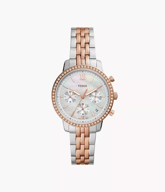 Fossil ES5279 women’s watch front view – 36mm two-tone stainless steel case with white mother-of-pearl dial, rose gold-tone accents, and chronograph subdials – elegant design by HEY WATCH.