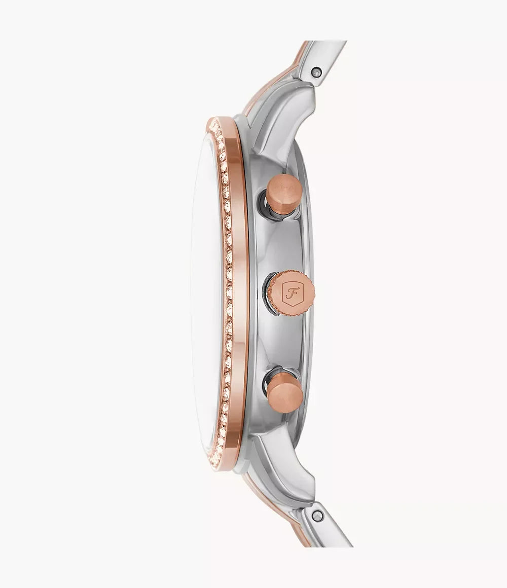 Fossil ES5279 side profile – slim 11mm case thickness with rose gold-tone crown and pushers, showcasing the watch’s refined silhouette – premium craftsmanship by HEY WATCH.