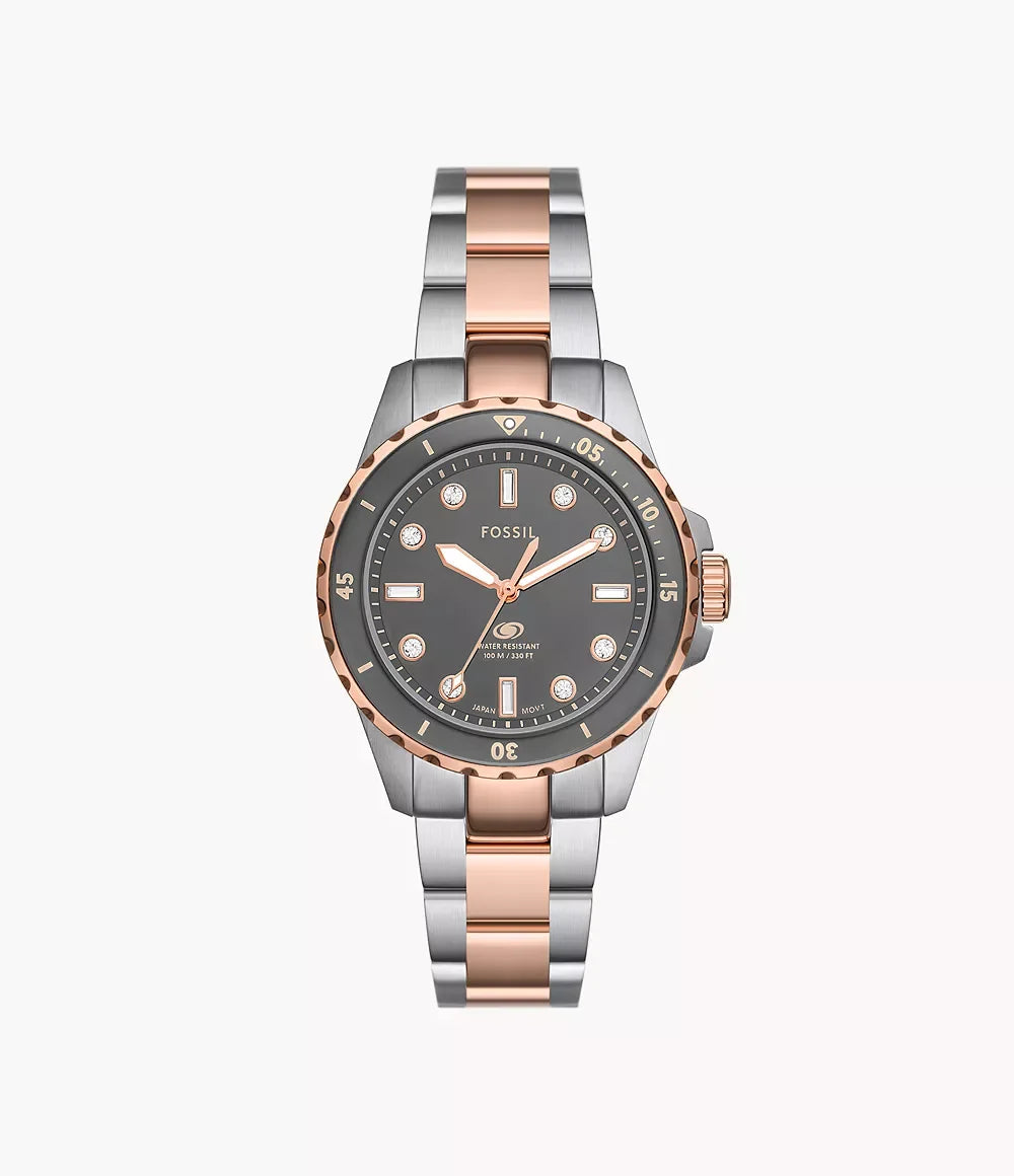 Fossil ES5348 women’s watch front view – 36mm two-tone stainless steel case with grey dial, crystal hour markers, and rose gold-tone hands – elegant design by HEY WATCH.
