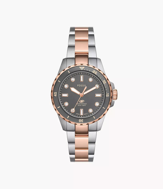 Fossil ES5348 women’s watch front view – 36mm two-tone stainless steel case with grey dial, crystal hour markers, and rose gold-tone hands – elegant design by HEY WATCH.