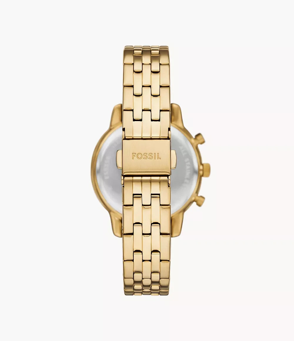 Fossil ES5358 back view – solid stainless steel caseback and gold-tone bracelet with fold-over clasp, engraved with Fossil logo – timeless style from HEY WATCH.