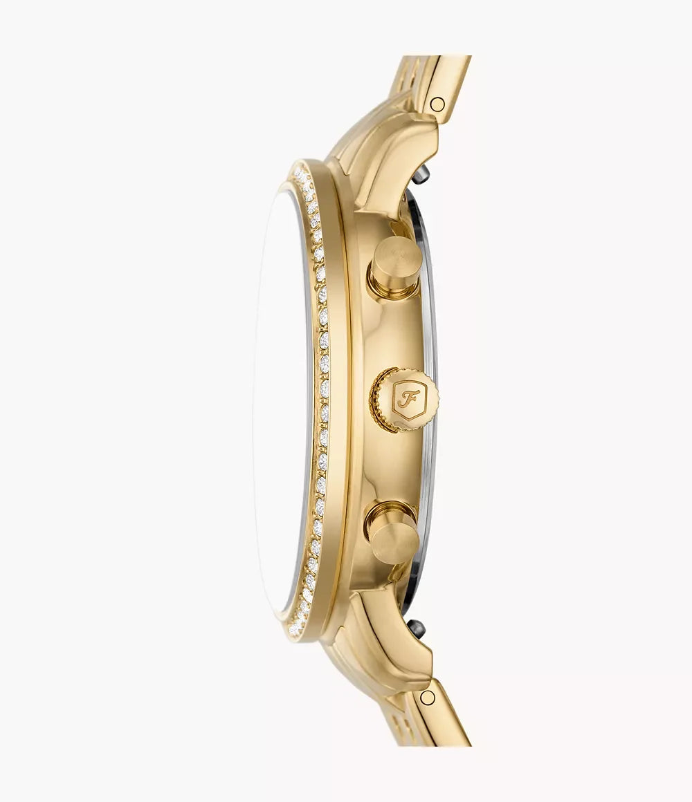 Fossil ES5358 side profile – slim gold-tone stainless steel case with textured crown and pushers, showcasing the watch’s refined silhouette – premium craftsmanship by HEY WATCH.