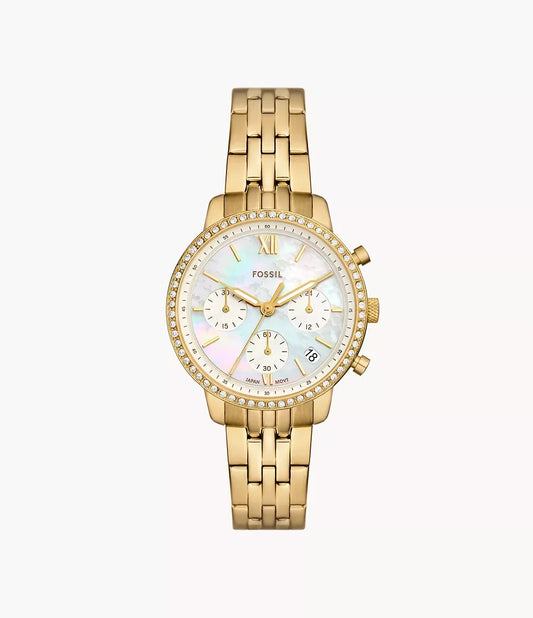 Fossil ES5358 women’s watch front view – 36mm gold-tone stainless steel case with white mother-of-pearl dial, crystal-accented bezel, and chronograph subdials – elegant design by HEY WATCH.
