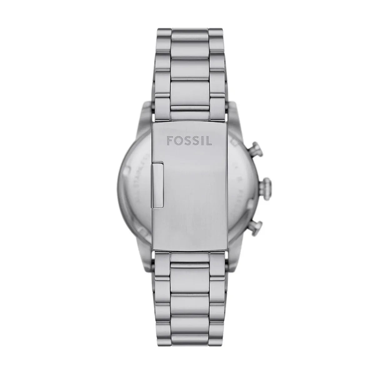 Fossil FS5897 back view – solid stainless steel caseback and red stainless steel bracelet with fold-over clasp, engraved with Fossil logo – timeless style from HEY WATCH.