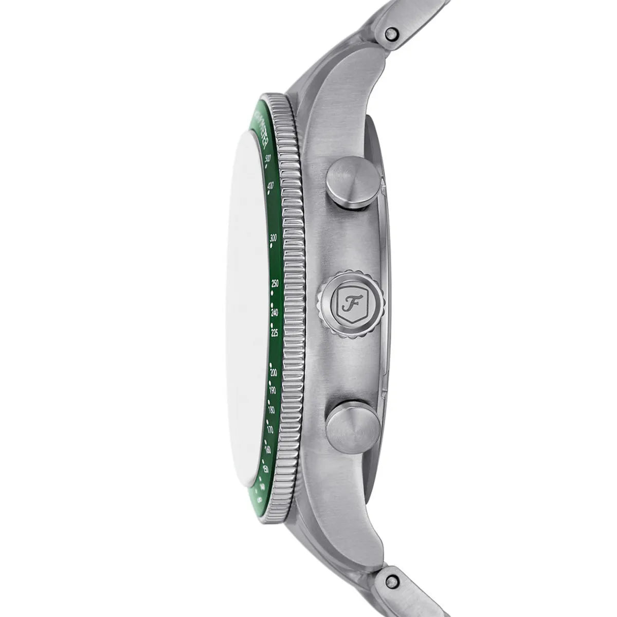 Fossil FS5897 side profile – sleek pomegranate red stainless steel case with textured crown, highlighting the watch’s refined silhouette – premium craftsmanship by HEY WATCH.