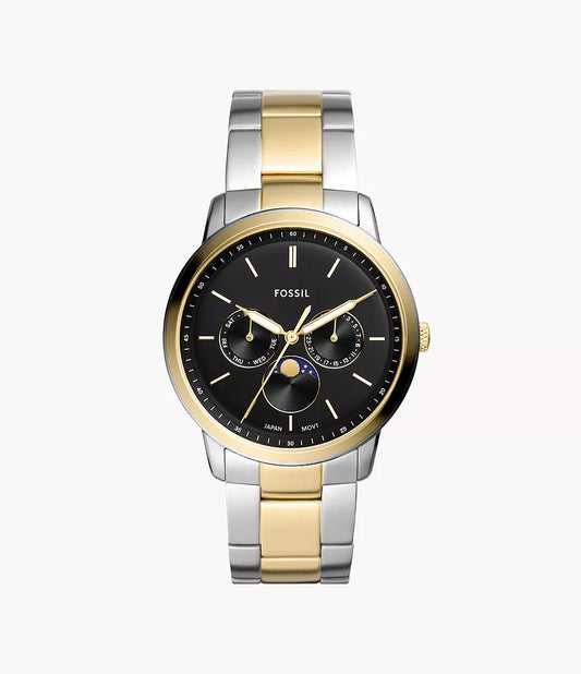 Fossil FS5906 men's watch front view – 42mm two-tone silver and gold-tone case with black dial and moonphase subdials – HEY WATCH.