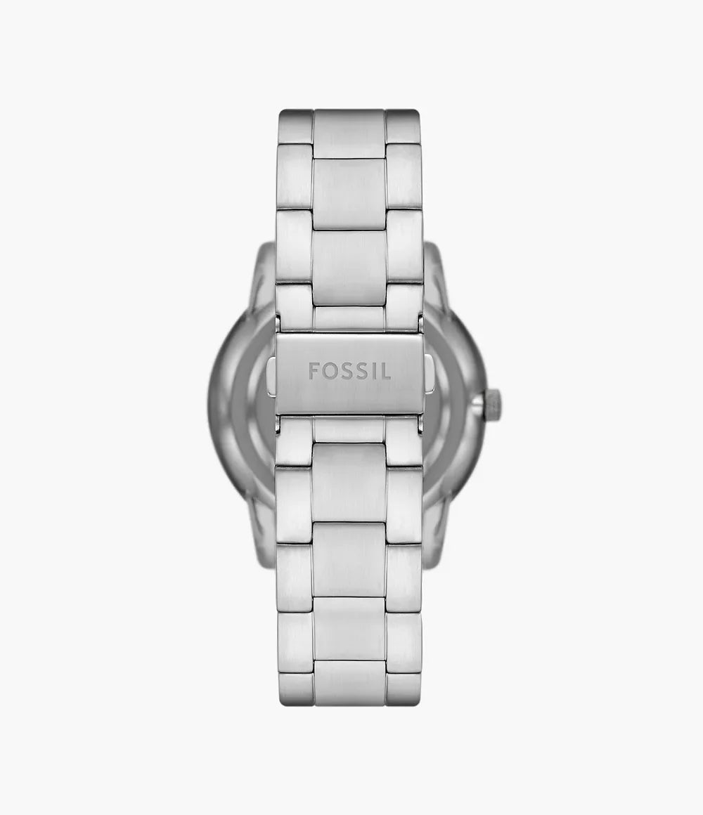 Fossil FS5907 back view – solid stainless steel caseback with engraved Fossil logo and stainless steel bracelet with fold-over clasp – premium craftsmanship by HEY WATCH.