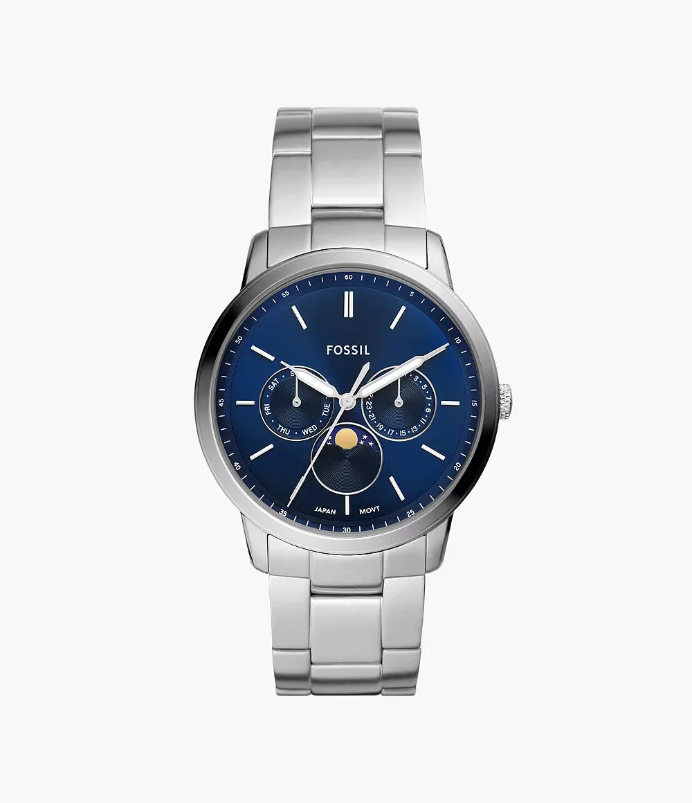 Fossil FS5907 men’s watch front view – 42mm silver stainless steel case with blue sunray dial, moonphase multifunction movement, and stainless steel bracelet – elegant design by HEY WATCH.