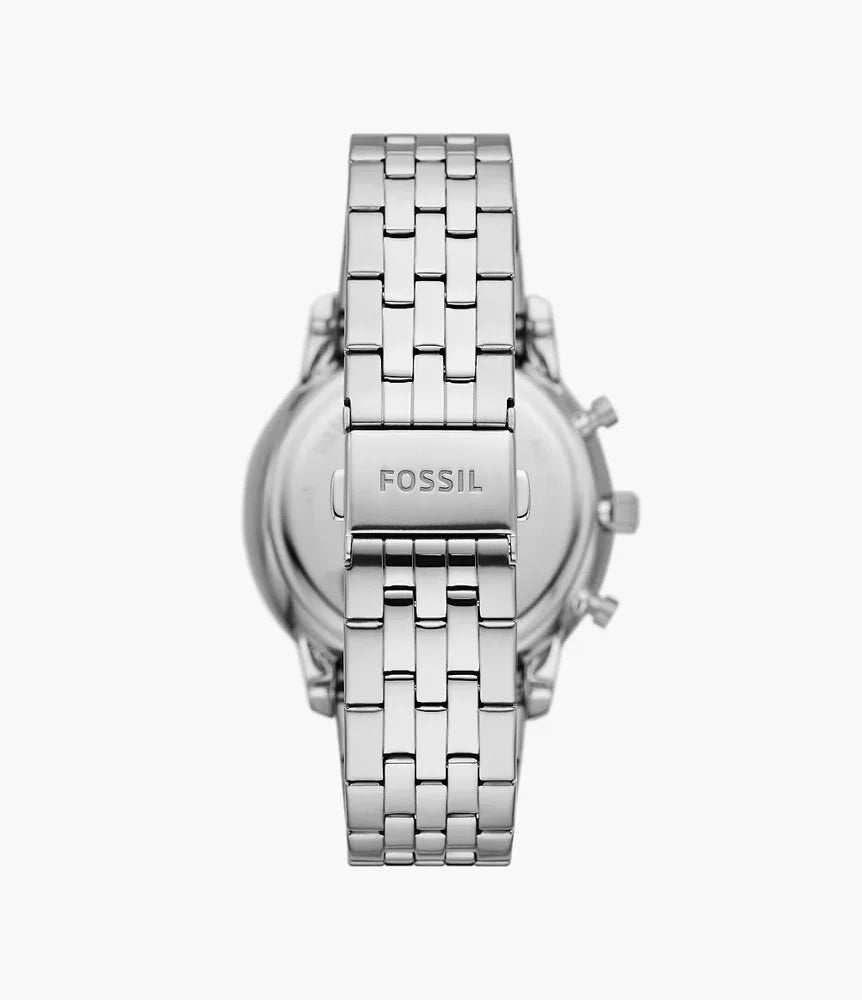 Fossil FS6025 back view – solid stainless steel caseback and bracelet with fold-over clasp, engraved with Fossil logo – premium craftsmanship by HEY WATCH.