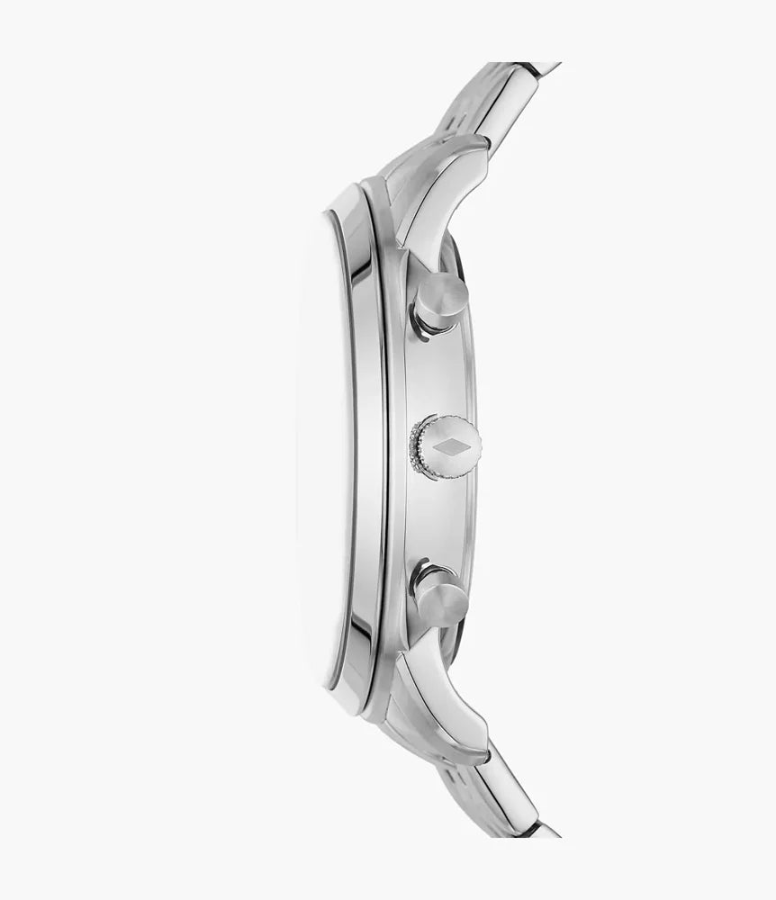 Fossil FS6025 side profile – sleek stainless steel case with textured crown and pushers, showcasing the watch’s refined silhouette – timeless style from HEY WATCH.