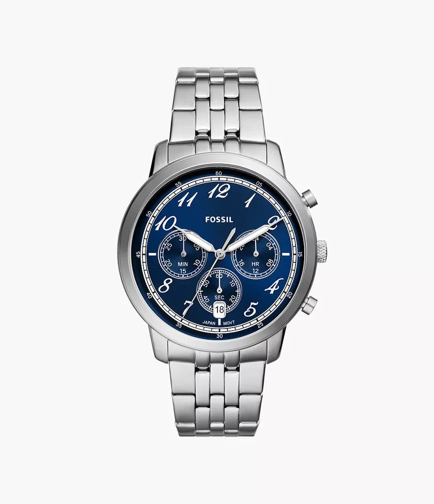 Fossil FS6025 men’s watch front view – 44mm stainless steel case with navy blue sunray dial, silver-tone hands, and chronograph subdials – elegant design by HEY WATCH.