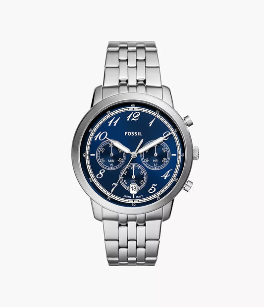 Fossil FS6025 men’s watch front view – 44mm stainless steel case with navy blue sunray dial, silver-tone hands, and chronograph subdials – elegant design by HEY WATCH.