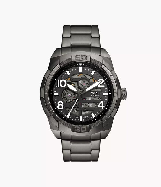 Fossil ME3255 men’s watch front view – 48mm smoke stainless steel case with black satin dial, automatic movement, and luminous hands – bold design by HEY WATCH.
