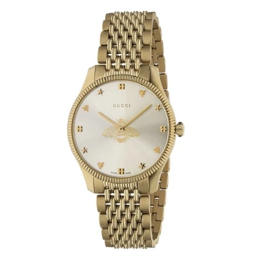 Gucci YA1264155 women's watch with gold dial, gold stainless steel bracelet and bee motif – Swiss Made, available at HEY WATCH.