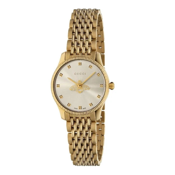 Gucci YA1265021 women's watch with gold dial, gold stainless steel bracelet and bee motif – Swiss Made elegance available at HEY WATCH.