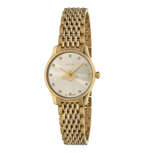 Gucci YA1265021 women's watch with gold dial, gold stainless steel bracelet and bee motif – Swiss Made elegance available at HEY WATCH.