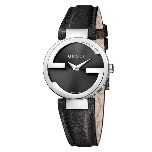 Gucci YA133501 women's watch with black dial, silver G-shaped stainless steel case, and black leather strap – Available at HEY WATCH