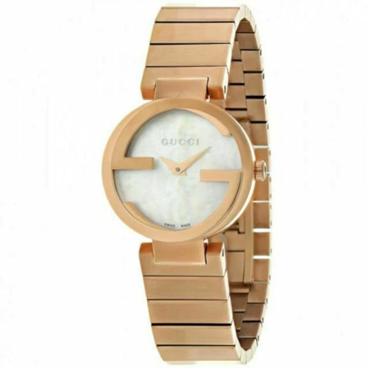 Gucci YA133515 women's watch with rose gold stainless steel bracelet and case, white mother-of-pearl dial, iconic G-shaped bezel – Swiss Made, available at HEY WATCH.