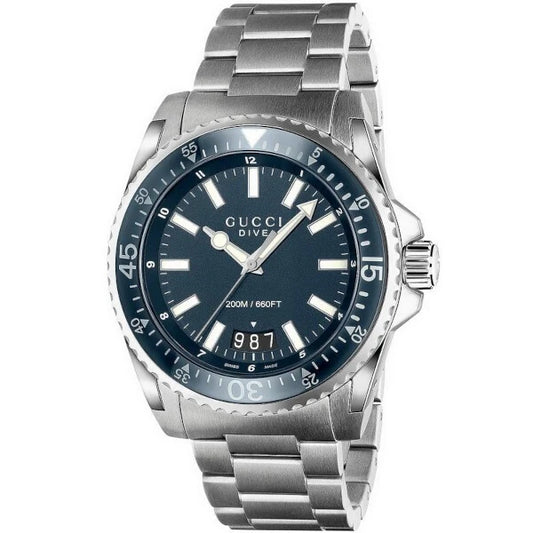 Gucci YA136203 men's dive watch with blue dial, silver stainless steel case and bracelet – 40mm Swiss Made, 200m water resistance – Available at HEY WATCH.