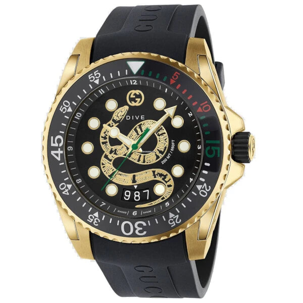Gucci YA136219 men's dive watch with black dial, gold stainless steel case, black rubber strap, and snake motif – 45mm Swiss Made, available at HEY WATCH.