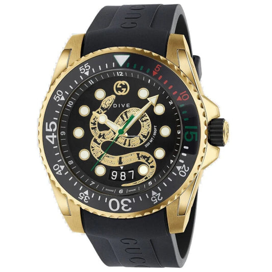 Gucci YA136219 men's dive watch with black dial, gold stainless steel case, black rubber strap, and snake motif – 45mm Swiss Made, available at HEY WATCH.