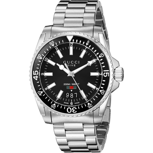 Gucci YA136301 men’s dive watch with black dial, silver stainless steel case and bracelet – 40mm Swiss Made, available at HEY WATCH.