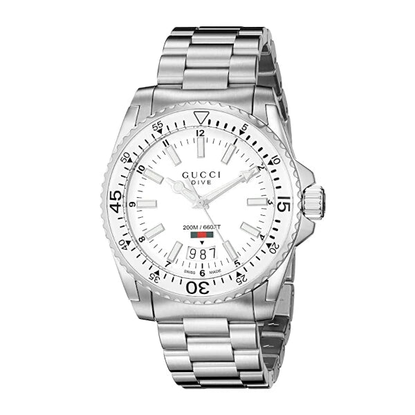 Gucci YA136302 men's dive watch with white dial, silver stainless steel case and bracelet – 40mm Swiss Made, 200m water resistance – Available at HEY WATCH.